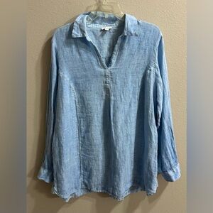 J. Jill Love Linen Tunic Top Sz L Blue Popover Coastal Beachy Resort Wear Casual